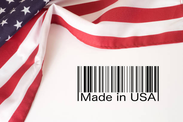 flag of america, barcode and slogan made in usa - buy usa american culture made in the usa imagens e fotografias de stock