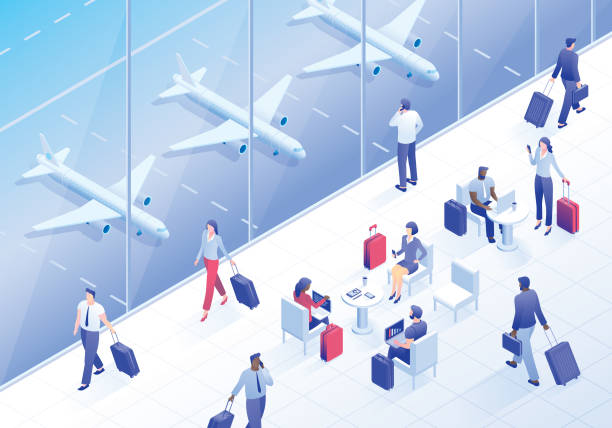 ilustrações de stock, clip art, desenhos animados e ícones de business travelers in airport lounge - business class