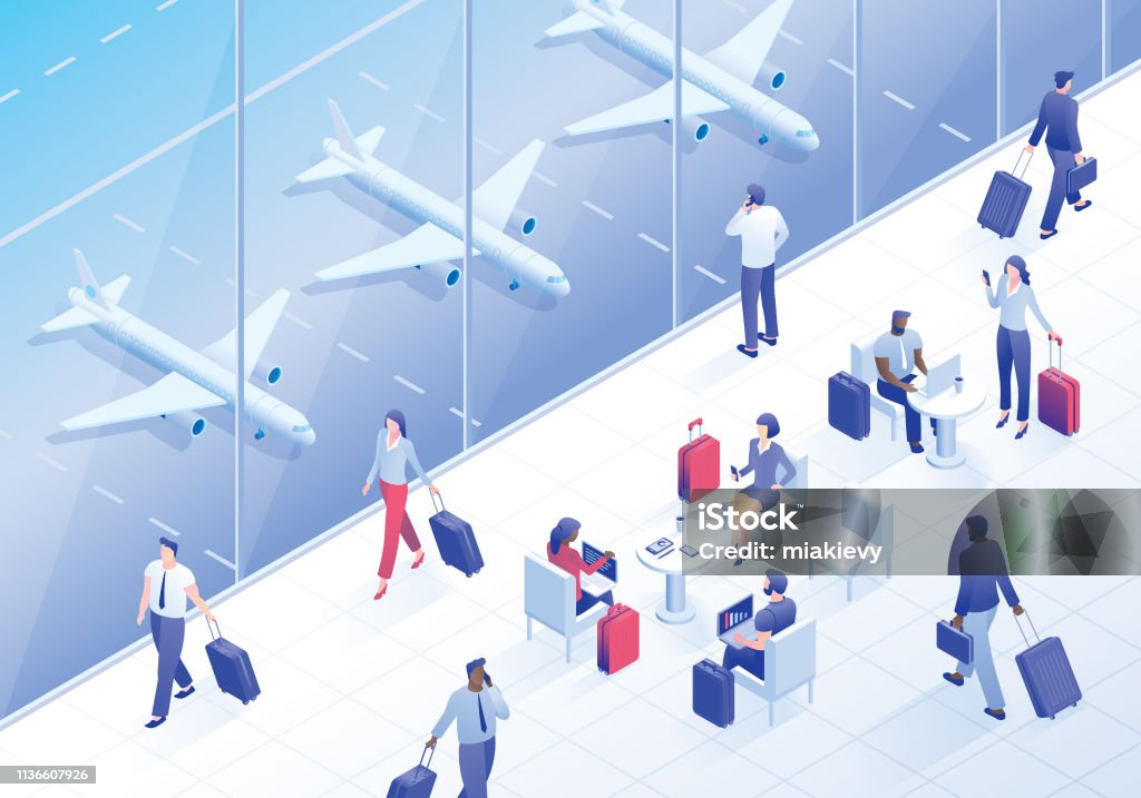 Business travelers in airport lounge Editable vector illustration on layers. 
This is an AI EPS 10 file format, with transparency effects, gradients and clipping masks. Isometric Projection stock vector