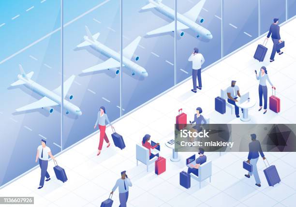 Business Travelers In Airport Lounge Stock Illustration - Download Image Now - Isometric Projection, Airport Departure Area, Business Travel