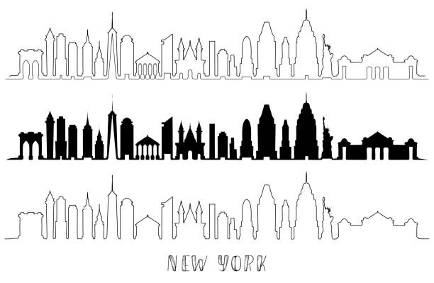 Skyline with Historic New York Architecture Skyline with Historic New York Architecture, line and silhouette vector illustration. new york skyline drawing stock illustrations