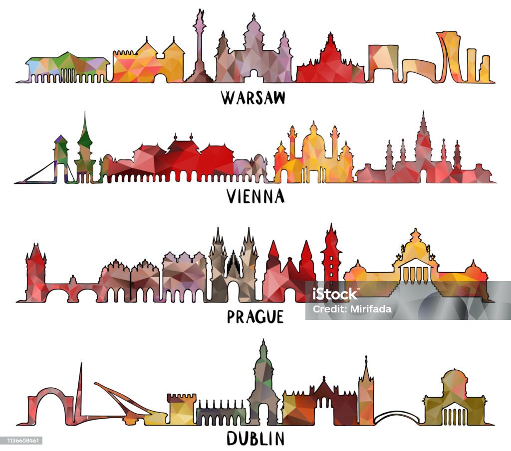 Triangular design Warsaw, Vienna, Prague, Dublin Historic Architecture, Cityscapes, vector illustration. Warsaw, Vienna Prague and Dublin Travel skylines, triangular design Dublin - Ireland stock vector