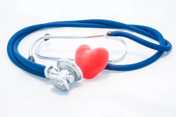 Blue stethoscope and red heart lie on white homogeneous background. Concept photo of health or pathological condition of human heart, cardiac diagnosis of diseases of heart muscle, cardiac conduction