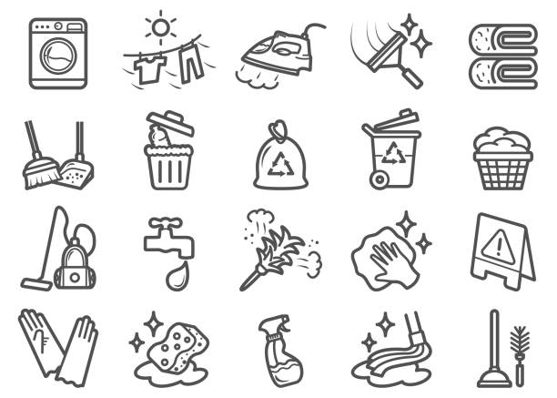 icons der reinigungslinie setzen - lappen reinigungsgeräte stock-grafiken, -clipart, -cartoons und -symbole