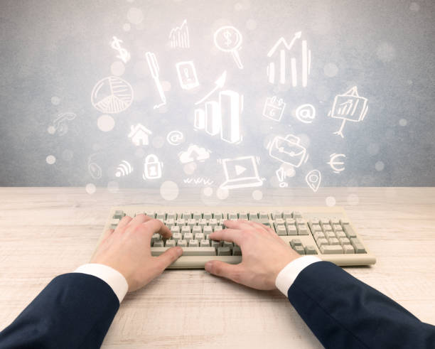 istock Elegant businessman hand typing with doodle report and chart concept 1136609957