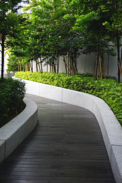 istock Curved walkway disappears around a corner ahead 1136612448
