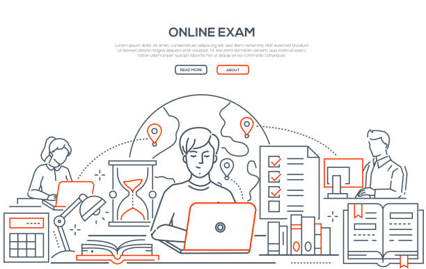 Online exam - line design style web banner Online exam - line design style web banner on white background with copy space for text. A header with students passing a test on laptops, computers. Images of globe, check list, hourglass, books education infographics stock illustrations