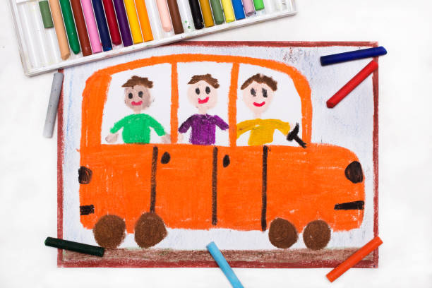 istock Colorful drawing: bus or school bus with happy children inside 1136612939