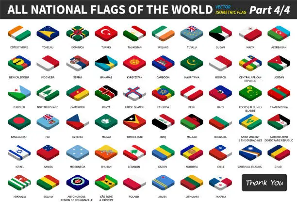 Vector illustration of All national flags of the world . isometric top design . Part 4 of 4 ( complete ) .
