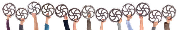 Closeup image of an old bicycle front chain ring sprocket .