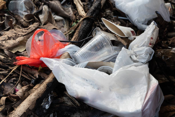 indiscriminate litter of plastic non-biodegradable at garbage dump - non polluting imagens e fotografias de stock