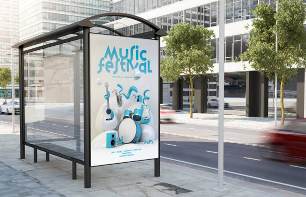 bus stop muziekfestival billboard - bushalte stockfoto's en -beelden