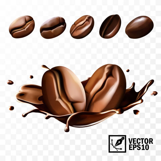 illustrazioni stock, clip art, cartoni animati e icone di tendenza di vari chicchi di caffè con la possibilità di sostituire nello splash del caffè, vettore isolato realistico 3d, rete modificabile fatta a mano - coffee bean caffeine macro food