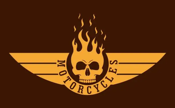 Vector illustration of Skull on fire with wings and text. Biker logo