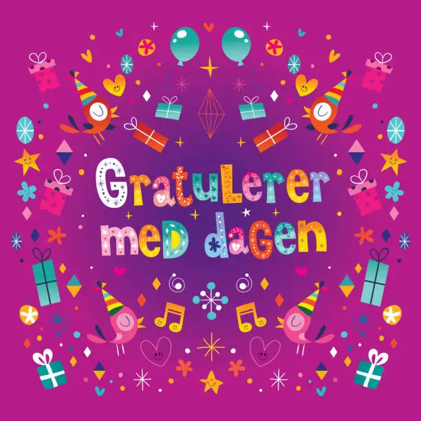 Vector illustration of Gratulerer med dagen Happy Birthday in Norwegian greeting card