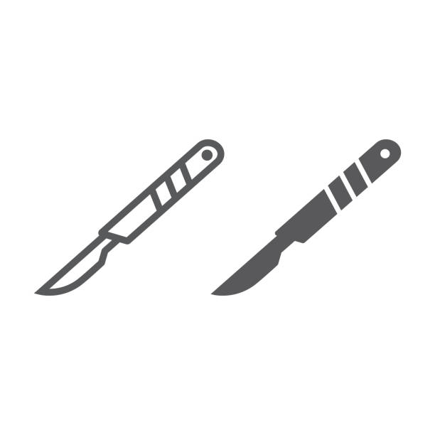 ilustrações, clipart, desenhos animados e ícones de linha do scalpel e ícone do glifo, corte e cirurgião, sinal médico da lâmina, gráficos do vetor, um teste padrão linear em um fundo branco. - medical supplies scalpel surgery equipment