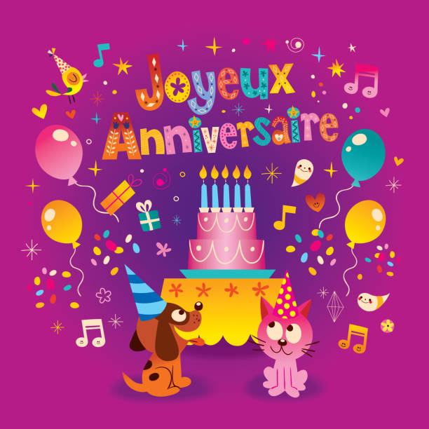 Happy birthday in English Joyeux Anniversaire Happy Birthday in French kids greeting card anniversaire stock illustrations