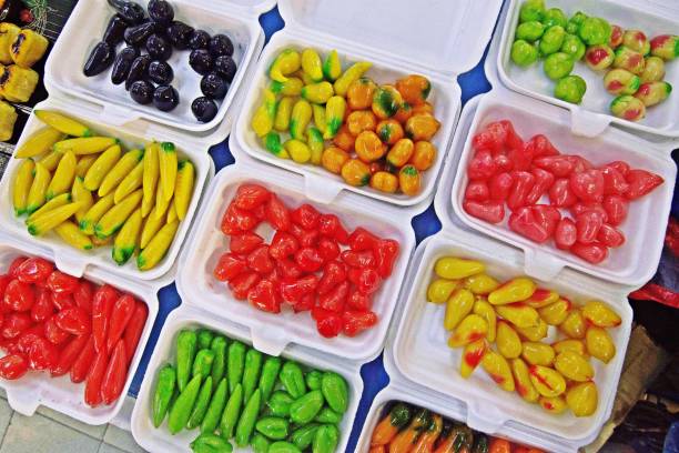 istock Colorful fruit shaped mung beans - Thai sweet dessert. 1136624811