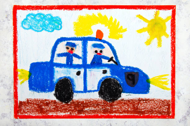 Colorful hand drawing: police car and two policemen Colorful hand drawing: police car and two policemen child arrest stock pictures, royalty-free photos & images