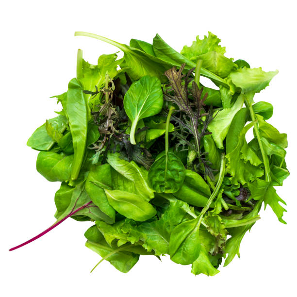 Cut out green vegetables and herbs. Salad mix with rucola, lettuce, spinach isolated on white background. spring mix lettuce leaves stock pictures, royalty-free photos & images