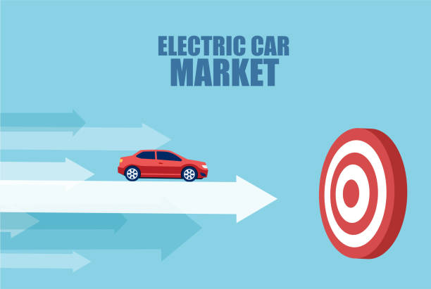 ビジネス目標に到達する電気ゼロエミッション車のベクトル - market target点のイラスト素材／クリップアート素材／マンガ素材／アイコン素材
