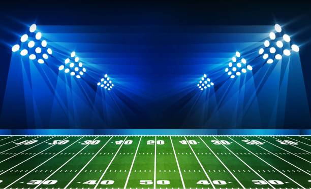 istock Football arena field with bright stadium lights vector design and information scoreboard. Vector illumination 1136626248