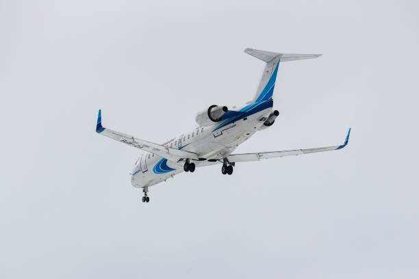 航空機ボンバルディア crj-200lr (cl-600-2b19) bpb 航空の vq-ヤマルは曇りの日に灰色の空に対してモスクワのドモジェドヴォ国際空港に着陸する予定 - 6002 ストックフォトと画像