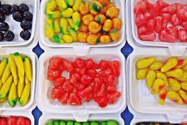 istock Colorful fruit shaped mung beans - Thai sweet dessert. 1136626626