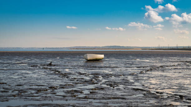 A boat in the Oare Marshes with the North Sea coast of Kent in the background, near Faversham, Kent, England, UK