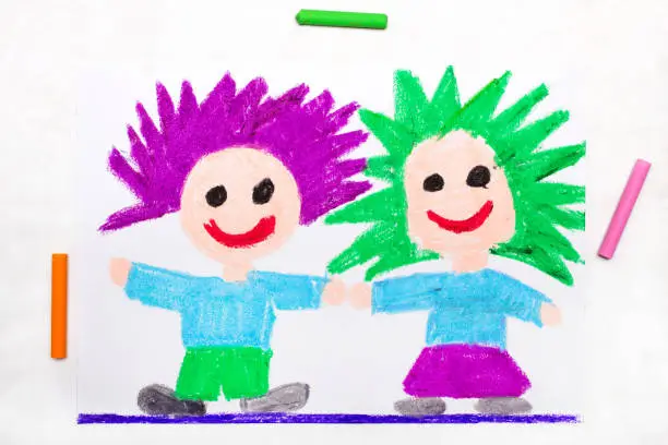 Colorful drawing: Happy children with funny hair.