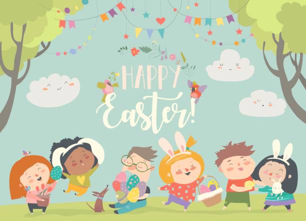 illustrazioni stock, clip art, cartoni animati e icone di tendenza di bambini felici che celebrano la pasqua nella foresta - young bird landscape animal bird