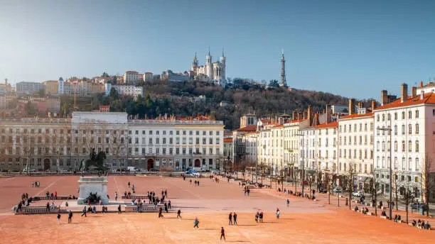 Photo of Unique aerial view of famous big Place Bellecour in the French city of Lyon in early spring season