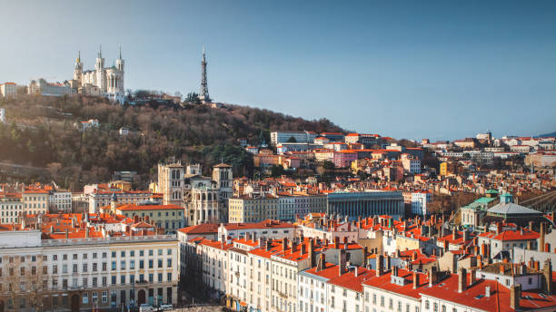 Aerial view of Fourviere hill in french city of Lyon with Basilica Notre Dame de Fourviere and Cathedrale St Jean view from famous Place Bellecour town square stock photo