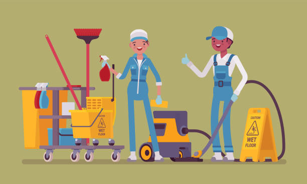 Janitors team working with professional tools Janitors team working with professional tools. Male, female workers in uniform employed to take care of building, apartment or office, janitorial supplies, equipment for cleaning. Vector illustration personal care aid stock illustrations