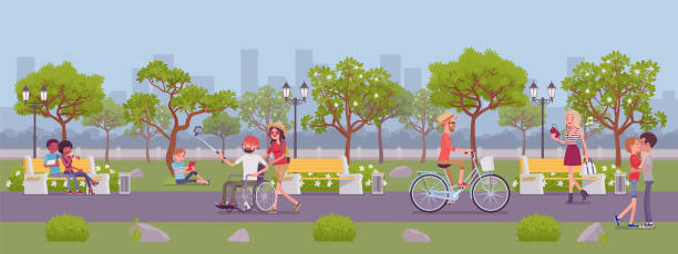 Spring or summer season park zone with people Spring or summer season park zone with people. Large public garden, land area with green grass and trees for fun and recreation, happy citizens enjoy open air activities and walk. Vector illustration expressing positivity park environment nature stock illustrations
