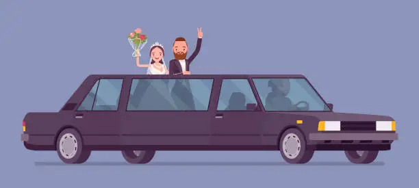 Vector illustration of Bride and groom in limousine on wedding ceremony