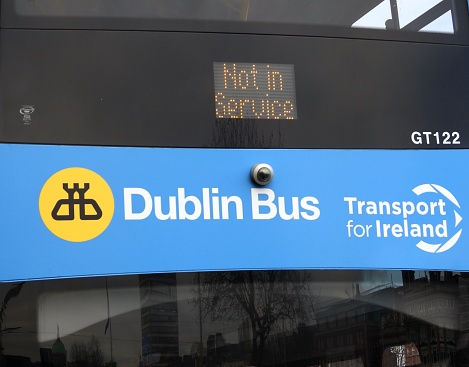 28th January 2019, Dublin, Ireland. Dublin Bus vehicle parked along Dublin's Quays, with a 'Not in Service' message displayed.