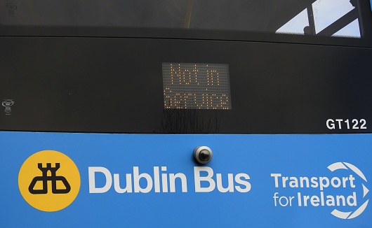 28th January 2019, Dublin, Ireland. Dublin Bus vehicle parked along Dublin's Quays, with a 'Not in Service' message displayed.