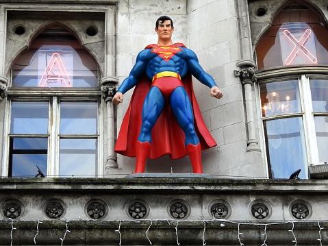 28th January 2019, Dublin, Ireland. Waxwork of Superman on building window ledge in Dublin City Centre.