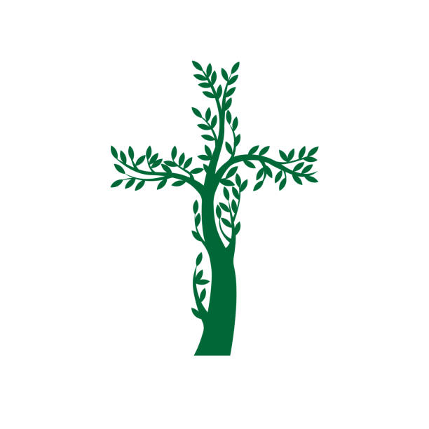 ilustrações, clipart, desenhos animados e ícones de projeto liso da cruz cristã verde a forma da árvore. - cross ornate catholicism cross shape