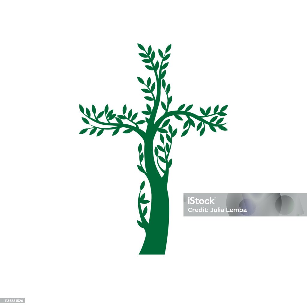 Flat design of green Christian cross in the form of tree. Flat design of green Christian cross in the form of tree. Tree's shape with shadow on a white background. Vector illustration. Religious Cross stock vector