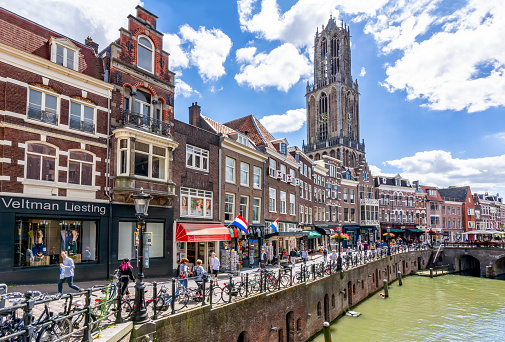 Utrecht, Netherlands - June 2018: Utrecht canals and Dom tower on a summer day