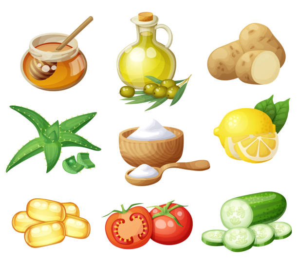 Facial mask ingredients for home face skin care. Cartoon vector food icons set isolated on white background. Natural cosmetic illustration Facial mask ingredients for home face skin care. Cartoon vector food icons set isolated on white background. Natural cosmetic illustration the natural world stock illustrations