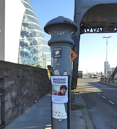 28th January 2019, Dublin, Ireland. Missing person poster near Dublin Convention Centre on North Docks.