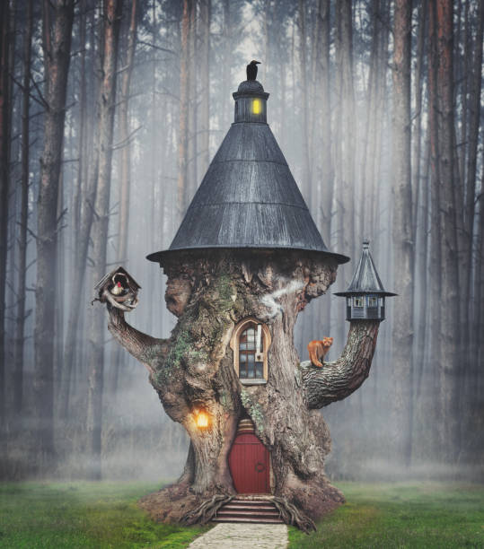 Fairy mystery tree house in fantasy forest with stone road