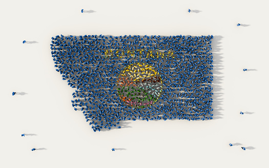 Large group of people forming Montana flag map in The United States of America, USA, in social media and community concept on white background. 3d sign symbol of crowd illustration from above
