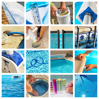 collage about maintenance of a private pool