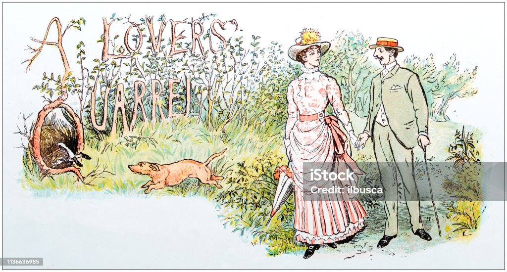 Antique color illustration by Randolph Caldecott: Couple in nature Couple - Relationship stock illustration