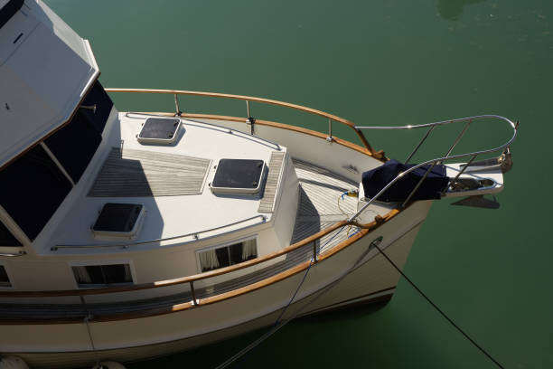 Bow of boat moored at marina, Brighton, East Sussex, England