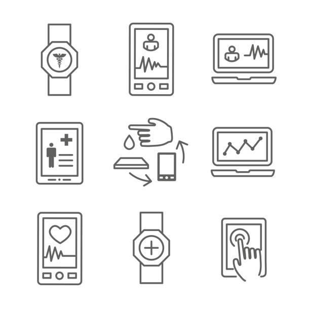 Digital Health Icon Set with Wearable Technology Web Header Banner Digital Health Icon Set - Wearable Technology Web Header Banner electronic medical record stock illustrations